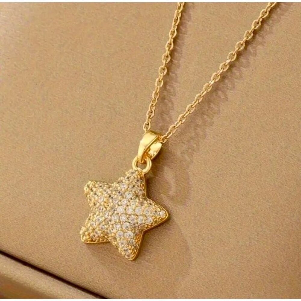 Gold Star Pendant Necklace Crystal Pave Celestial Dainty Layering Sparkle - Picture 3 of 3